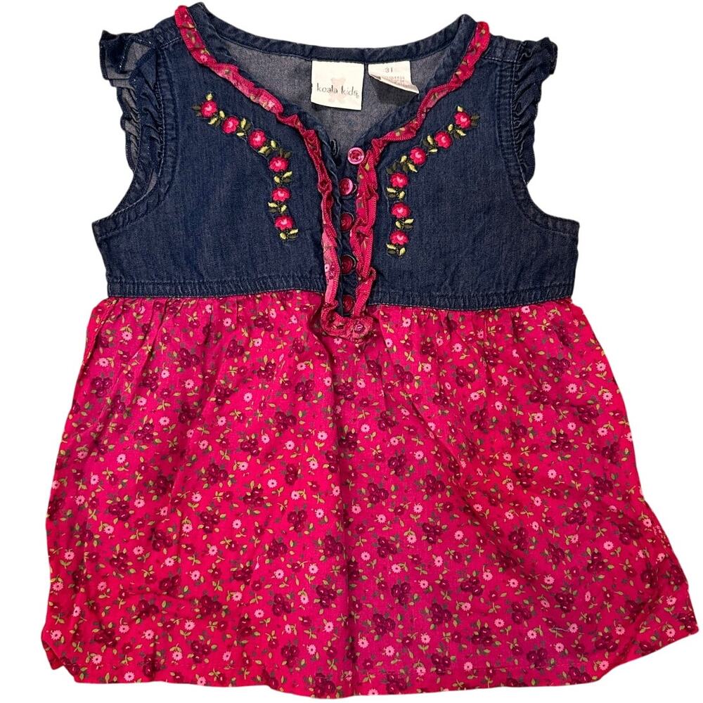 Koala Kids Denim Ditsy Floral Sleeveless Embroidered Ruffled Dress Pink, 3T
